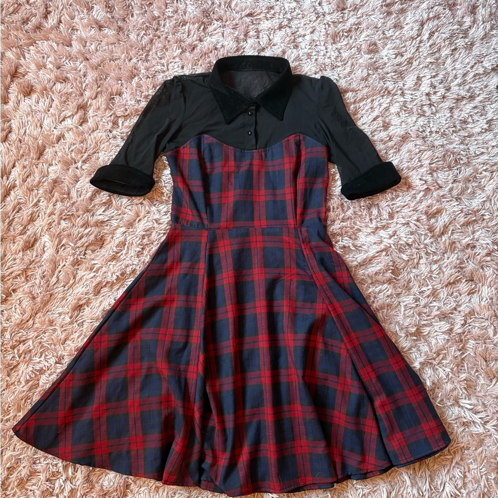 Collectif Red and Black Plaid Mesh Collared Mini Dress